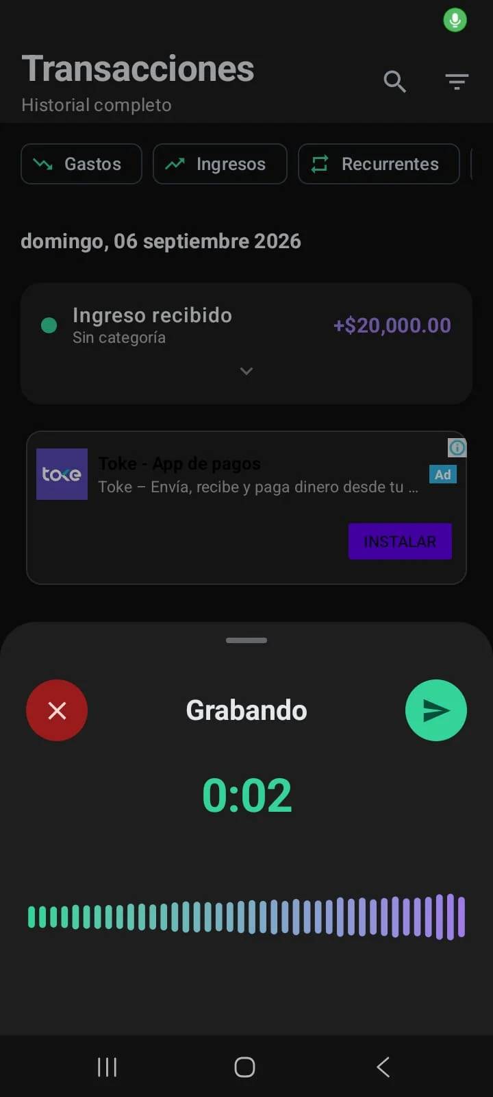 Grabación de voz para registrar un gasto en Expense Voice