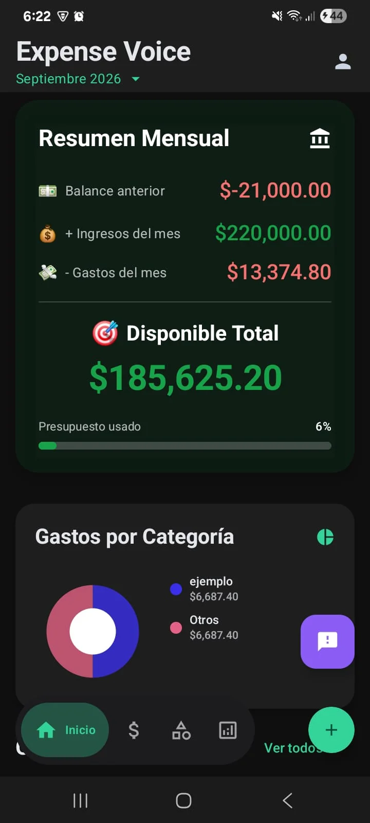Resumen mensual de Expense Voice con balance anterior, ingresos, gastos y disponible total